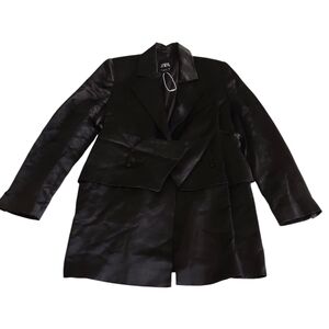NWOT Zara Large Black Satin Linen Blend Jacket